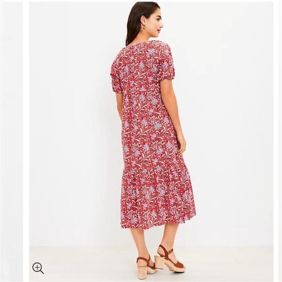 LOFT Red and White Boho Preppy Floral Tiered Ruffled Midi Dress with V-Neck - Picture 2 of 14